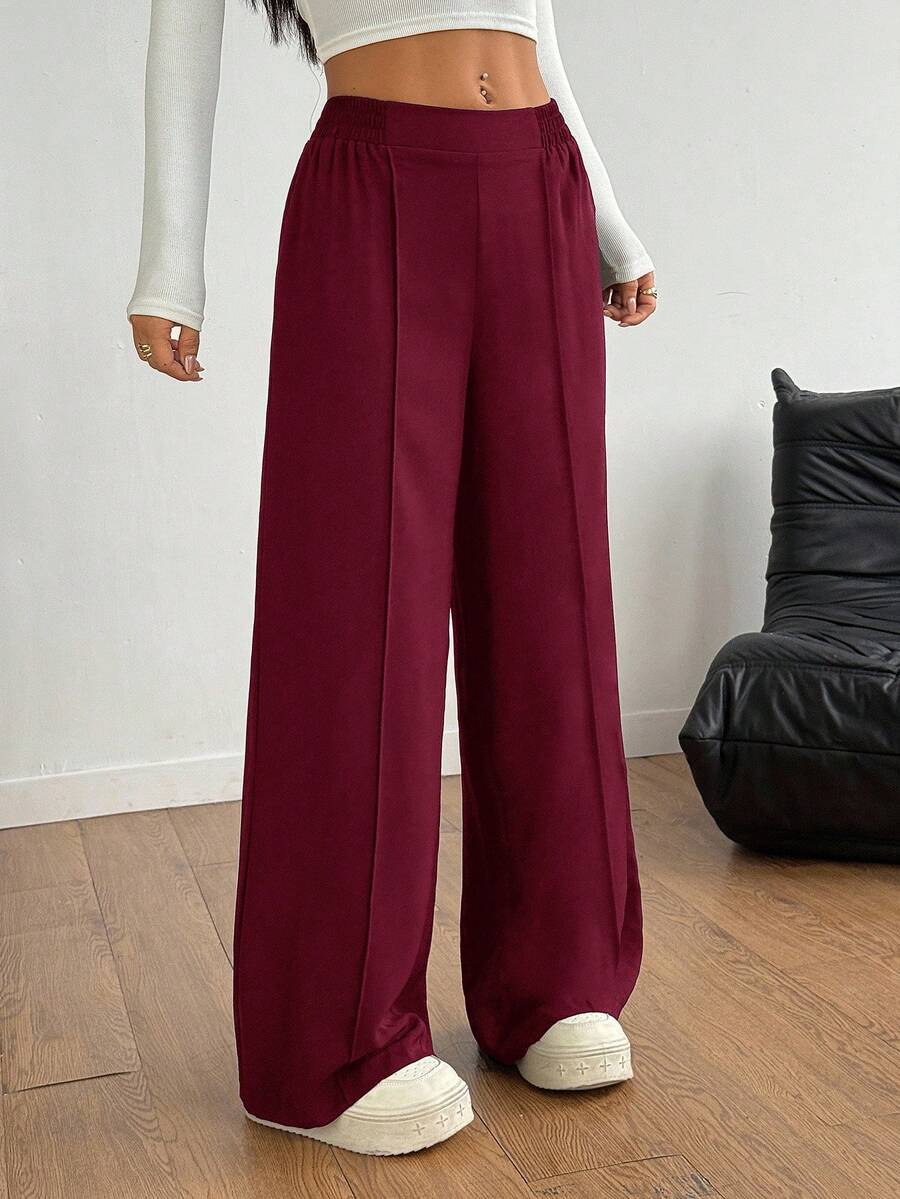 SHEIN PETITE 黑色Y2K纯色阔腿裤正装裤秋冬搭配 - 酒紅色 - 查看 1