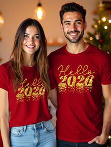 Manfinity Homme Áo thun cổ tròn in hình sao băng lấp lánh chúc mừng năm mới 2026, Unisex, Phiên bản giới hạn Quà tặng cho cặp đôi - Đỏ - Xem 4