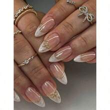 10Pcs Almond Shape Handmade Vine Gold Edge Silver/White Spiral Cute Luxury Bowknot Spring Fresh Style Nail Stickers Press-On Nails With Jelly Glue And Nail File Nail Supplies Nails - Multicolor - View 10