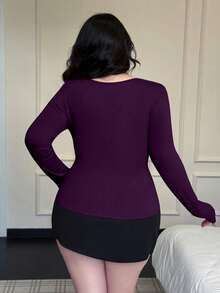 Vibekara Fall/Winter Elegant Contrast Lace V-Neck Long Sleeve Sexy Top - Purple - View 2