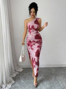 Elenzga 女士奢华晚礼服，扎染印花不对称领口无袖性感连衣裙 - 酒紅色 - 查看 6