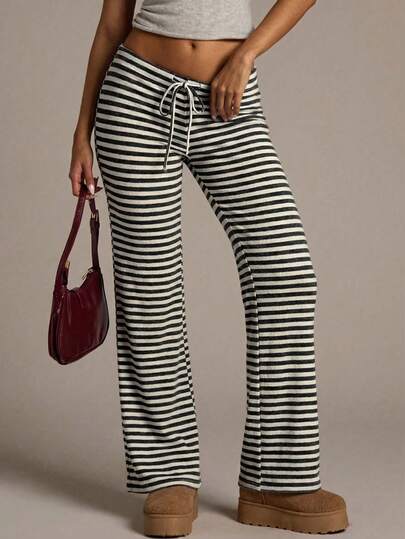 Aloruh Women's New Brown Striped Low-Waist Pants, Autumn/Winter