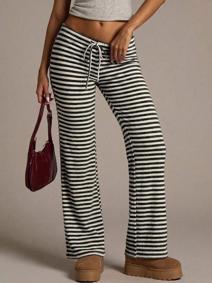 Aloruh Women's New Brown Striped Low-Waist Pants, Autumn/Winter - Multicolor - View 1