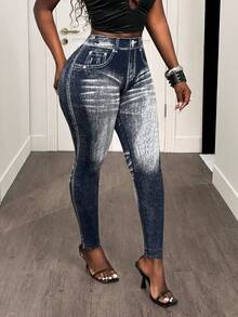 BamGleam Women's Seamless Knit High Stretch Soft Denim Effect Wide Leg Pants - Blue - View 6