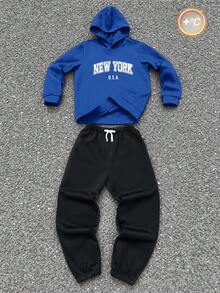 SHEIN 2pcs/Set Teenage Boys Casual Letter Slogan Print Hoodie Sweatshirt And Drawstring Sweatpants Set, Solid Color Basic Versatile, Suitable For Christmas, Home, Commute, School, Daily Casual, Vacation, Outdoor, Party, Autumn/Winter Boys Sweatsuits Set 2 Piece Teen Boys Hoodie And Sweatpants Boy Casual Sets Boy Teen 2pc Sets Sweater