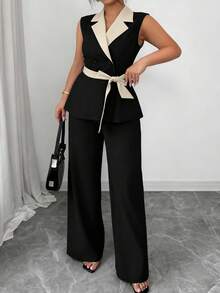 Elenzga Plus Size Woven Fabric Elegant Commuter Elegant Versatile Linen Feeling Sleeveless Lapel Tie-Up Contrast Color Cinched Waist Double-Breasted Women Thin Blazer Jacket (Kooky Elegance Collection - Woe Is Me Vibes - Wednesday Aesthetic) - Black - View 5