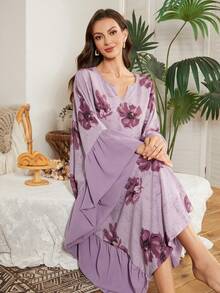 Serenescape Oversized Floral Patchwork Chiffon Casual Loungewear Nightgown For Women, Floral Night Gown Women Sleep Dress Purple Night Gown, Winter - Multicolor - View 3