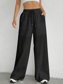 SHEIN EZwear Drawstring Waist Wide Leg Trousers - Black - View 4