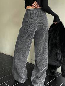 Livesso 女士休闲直筒裤，时尚灰色宽松商务通勤简约格纹条纹款，适合秋冬季穿着 - 灰色 - 查看 7