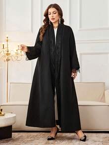 Al Najma Áo choàng Abaya tay dài rộng rãi màu trơn cỡ lớn, viền ren, thích hợp cho mùa xuân và mùa thu - màu đen - Xem 3