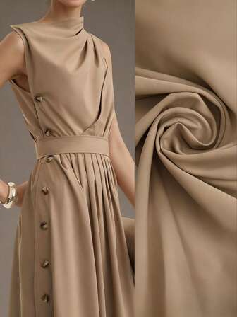 Aalyst 1枚 レディース 無地 非対称ネックフリル エレガントノースリーブワンピース