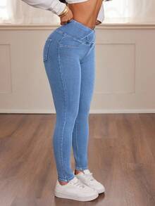 SHEIN PETITE 女款淺藍色夏季休閒日常修身高腰彈性緊身牛仔褲，水洗重疊腰頭牛仔褲，適合秋季秋冬，Y2K風格，小個女款 - 中等水洗藍 - 查看 6