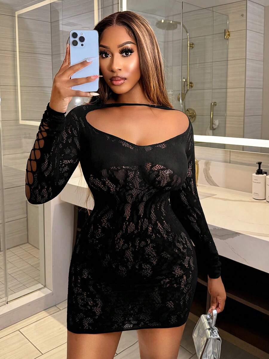 BamGleam Women's Fashionable Sexy Long Sleeve Mini Bodycon Dress Mesh Dress - Black - View 1