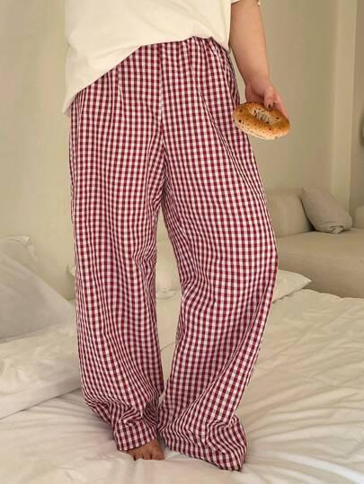 Dazy Plus 大码女式格子休闲宽松直筒睡裤，松紧腰，春秋季睡衣