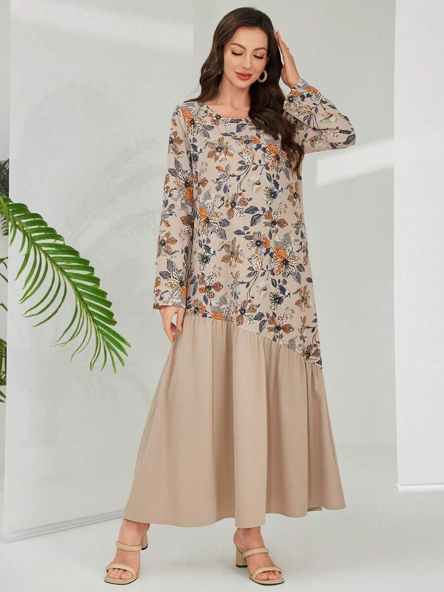 Lacomfia Women's Floral Print Loose Fit Long Sleeve Casual Dress - Khaki - View 1