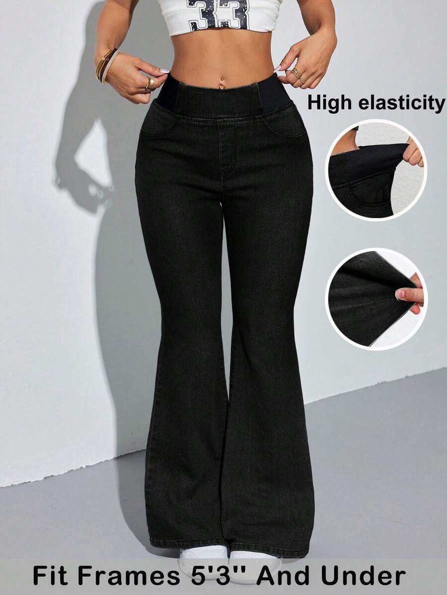 SHEIN PETITE Women's Elastic Waist Pocket Casual Flare Leg Jeans - Black - View 1