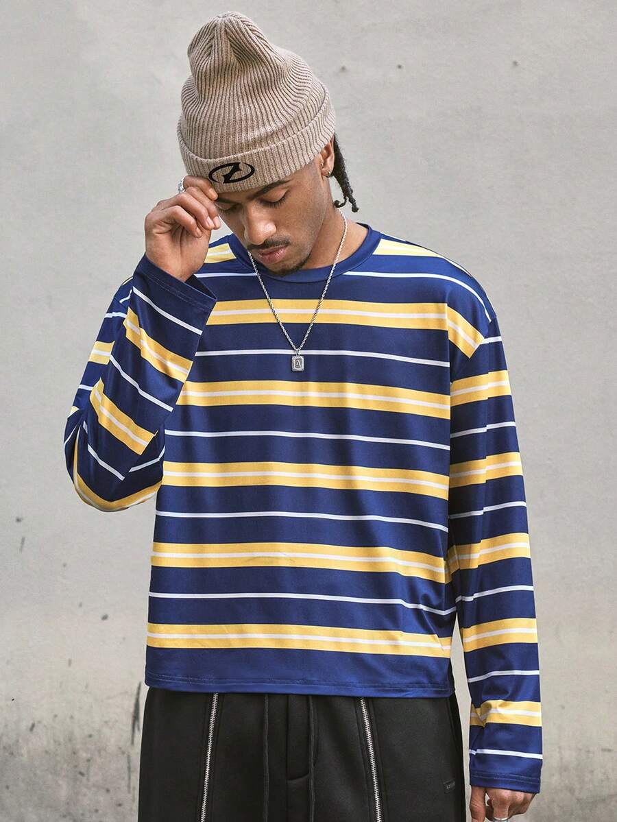 AXEPEAK Casual Striped Contrast Color Round Neck Loose T-Shirt For Men - Multicolor - View 1