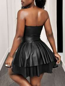 Mistrie Váy bánh nhiều lớp da PU giả cổ chữ V sâu dành cho nữ - màu đen - Xem 2