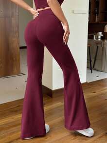SHEIN EZwear Wine Red Knitted Women's Skinny Flare Pants - Burgundy - View 2