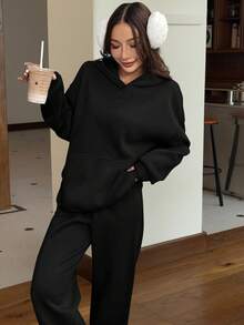 Muchica Bộ 2 món/Bộ áo hoodie lót nhiệt thường ngày cho nữ và quần dài, Thu/Đông - màu đen - Xem 7