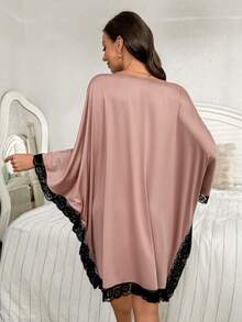 SHEIN Váy ngủ tay cánh dơi ren phối màu tương phản dành cho nữ, mùa đông - Màu Hồng  San hô - Xem 2