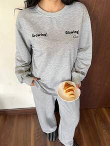 Dazy Plus Damen Große Größen Lässig Loose Fit Pyjama Set, beinhaltet gerade geschnittene Hose und lässiges Top, geeignet für Herbst/Winter - Grau - Übersicht 7