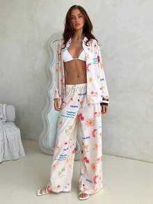 Aloruh Women's Front Button Down Long Sleeve Allover Print Shirt And Pants 2 Pieces Set - Multicolor - View 3