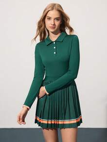 CourtClass Women's Striped Long Sleeve Pleated Hem Polo Collar Dress With Shorts Golf Outfit Green Tennis Dress Golf Women Dress