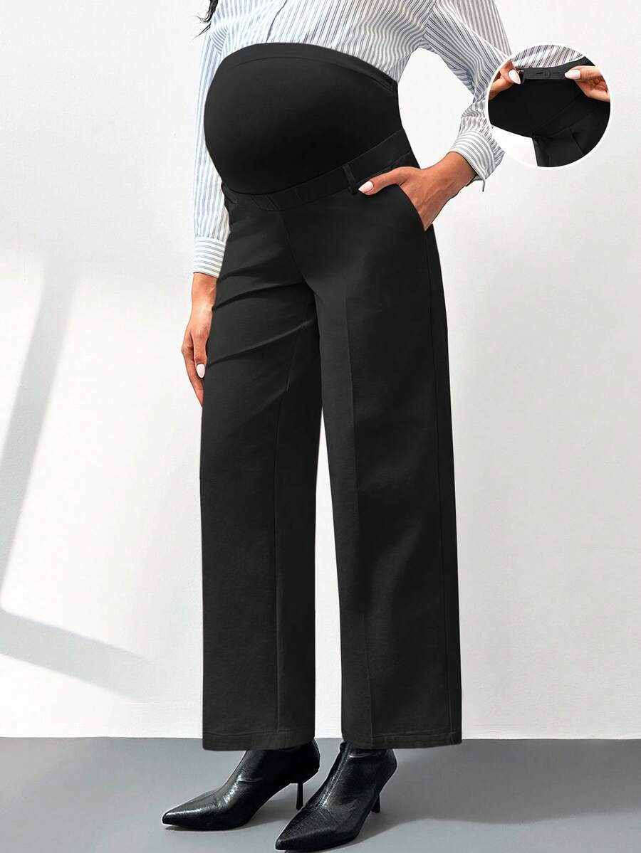 SHEIN 孕妇纯色可调节腰围阔腿宽松休闲裤 - 黑色 - 查看 1