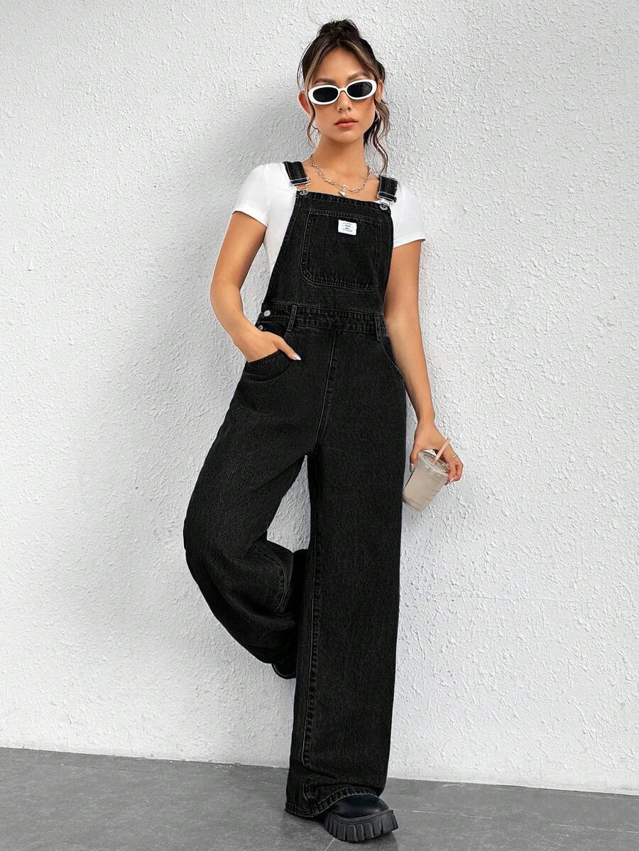 SHEIN ICON Women's Letter Embroidered Pocket Wide Leg Casual Denim Jumpsuit - Black - View 1