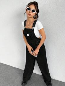 SHEIN ICON Women's Letter Embroidered Pocket Wide Leg Casual Denim Jumpsuit - Black - View 3