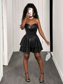 Mistrie Váy bánh nhiều lớp da PU giả cổ chữ V sâu dành cho nữ - màu đen - Xem 5