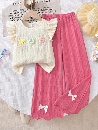 Apricot T-Shirt With Flutter Sleeves Decorated With 3 Small Flowers, Matched With Yellow Casual Elastic Waist Pants, School, Campus, College