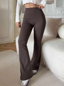 DAZY 女士纯色高腰修身透气喇叭裤 - 棕色 - 查看 2