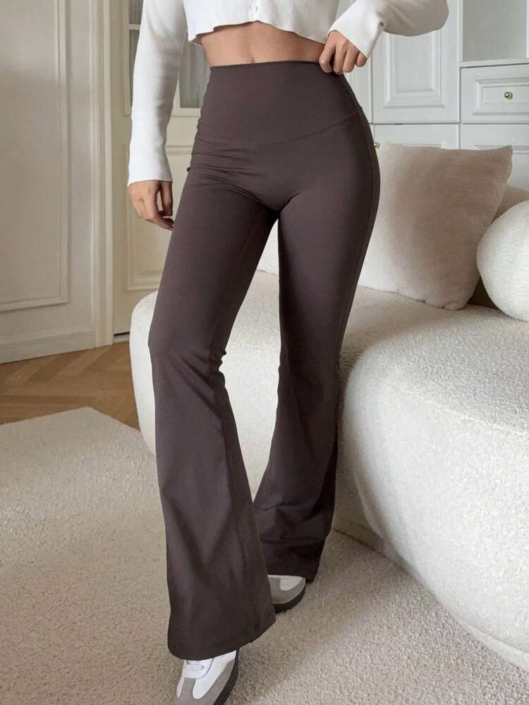 Women's Solid Color High Waist Fitted Breathable Flare Pants