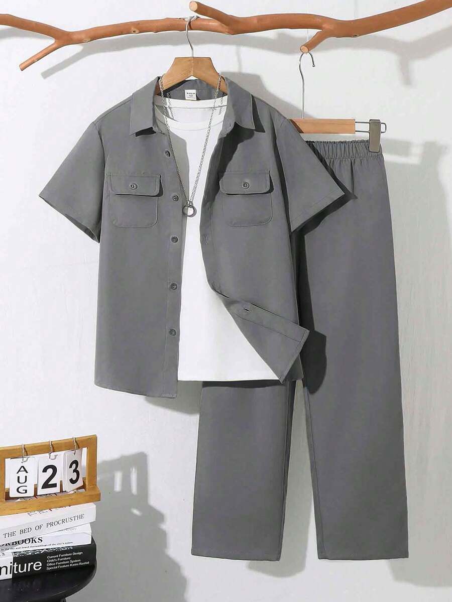 SHEIN 两件套男童休闲纯色胸袋短袖衬衫和松紧腰长裤套装，适合秋季、春季、夏季、户外玩耍、上学、街头风、派对和休闲场合。 - 灰色 - 查看 1