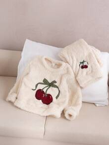 女童柔软抓绒双面蝴蝶樱桃刺绣睡衣套装，舒适保暖长袖上衣和裤子，秋冬家居服 - 杏色 - 查看 1