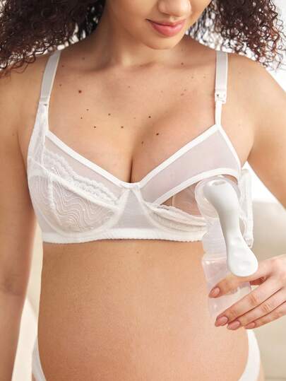 BloomMama White Lace Patchwork Nursing Cup Maternity & Breastfeeding Romantic French Style Comfortable Nursing Bra