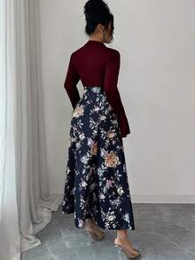 Modelyn 女士优雅印花高领连衣裙，饰有串珠，适合秋冬季穿着 - 紅色和黑色 - 查看 2