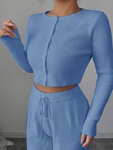 Modelyn Women's Solid Color Single-Breasted Collar Long Sleeve Top And Drawstring Waist Loose Wide Leg Pants 2 Pieces Set - Baby Blue - View 3