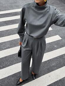 Siren Gaze Women's Solid Color High Neck Dropped Shoulder Long Sleeve Loose Fashion Top & Pleated Pants 2-Piece Set - Grey - View 6