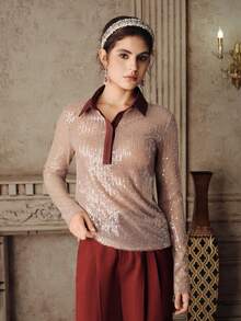 Anewsta Commuting College Sequins Embroidery Turndown Collar Long Sleeve Partial Placket Women Shirt - Khaki - View 6