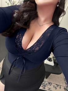Vibekara Fall, Winter, Bow, Elegant Contrast Lace V-Neck Long Sleeve Sexy Minimalist Blouse - Navy Blue - View 1
