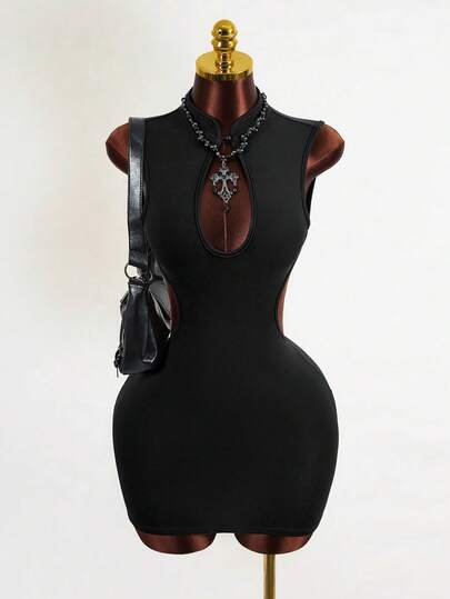  Mistrie Winter New Chinese Style Cheongsam Collar Hollow Front Backless Fitted Mini Dress For Women,,Party Dresses For Women,Dresses For Women Party,New Year's Eve Dress