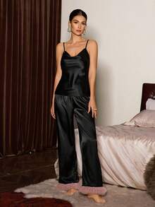 SHEIN Damen Pyjama Set, Blume Muster Patchwork Volant Saum Morgenmantel, Kapuzen Trägerhemd, Hose mit Volant Saum