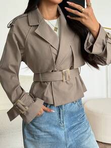 SHEIN PETITE 秋季 适度 旧钱 闪光 节日 聚会 感恩节 狂欢 节日 郊游 游泳 度假 波西米亚风 波西米亚风 海滩 热门 户外 层次丰富 婚礼 季节 宴会 成人礼 海滩 海边 短款褶皱 女式纯色长袖风衣 短款风衣 灰色夹克 女式风衣 腰带夹克 短款夹克 - 卡其色 - 查看 6