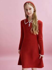 Tween Girls Colorblock Polo Collar Long Sleeve Sweater Dress - Red - View 6