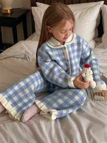 DAZY 2pcs/Set Young Girls Plaid Korean Style Cute Sweater Long Sleeve Jacket And Knitted Long Pants, Autumn