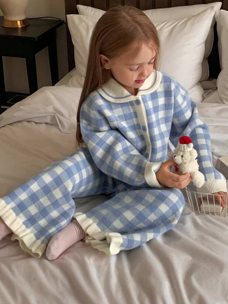 2pcs/Set Young Girls Plaid Korean Style Cute Sweater Long Sleeve Jacket And Knitted Long Pants, Autumn