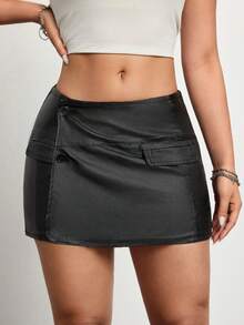 SHEIN Unity Women's Personalized Mini Skirt, Solid Color Leather Bodycon Skirt - Black - View 7